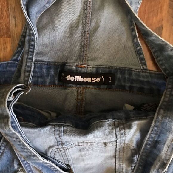 Dollhouse Size 1 overalls jeans denim waist 25 length 29 distressed with flaw - Picture 4 of 6